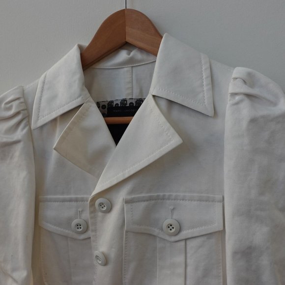 MARC JACOBS White Cropped Jean Jacket Womens Small Denim Puffed Belted Utility - Picture 9 of 14